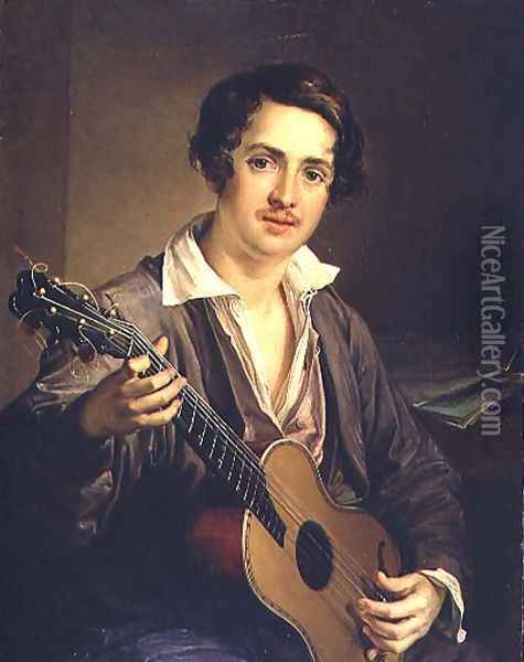 The Guitar Player: Portrait of the Virtuoso Guitarist Vladimir Ivanovich Morkov 1803-64 1839 Oil Painting - Vasili Andreevich Tropinin