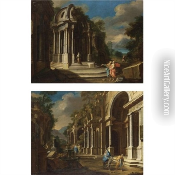 Capriccio Architettonico Con Figure (+ Capriccio Architettonico Con La Fuga In Egitto; Pair) Oil Painting - Pietro Cappelli