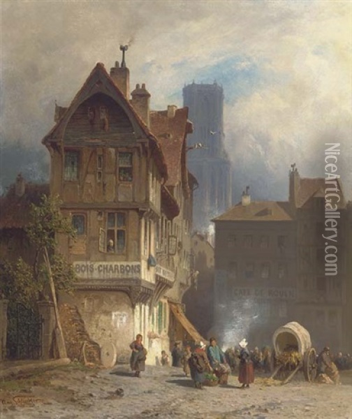 A Bustling Marketplace, Rouen Oil Painting - August Eduard Schliecker