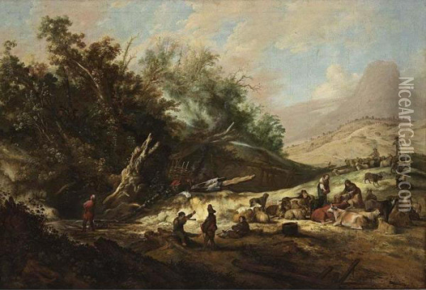 A Hilly Landscape With Shepherds And Their Herd Near A Stream Oil Painting - Jacobus Sibrandi Mancandan