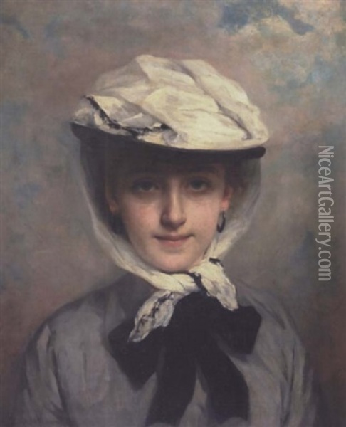 Portrait Of A Girl With Hat And Pierced Ears Oil Painting - Henriette (Sophie) Bouteiller Browne