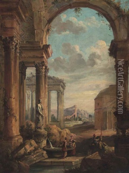 A Capriccio Of The Pantheon And Roman Ruins, Washerwomen And A Soldier In The Foreground Oil Painting - Giovanni Paolo Panini