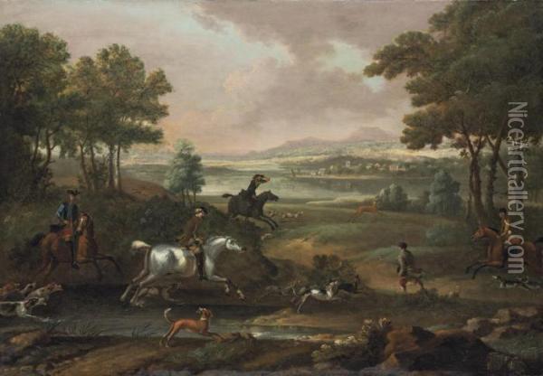 A Staghunt, With Hounds And 
Huntsmen Closing In, In An Extensive River Landscape With A Town And 
Mountains Beyond Oil Painting - John Wootton
