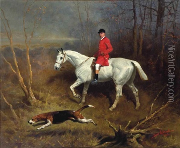 Gillard, Grey Bolt, A Huntsman On A Grey Horse, Riding Through A Wood With A Hound On The Scent Oil Painting - Basil Nightingale