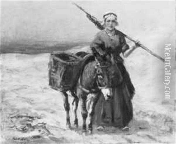 Junge Frau Mit Beladenem Esel In Einer Dunenlandschaft Oil Painting - Johann Daniel Holz