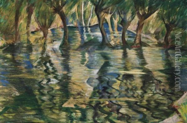 River Landscape Oil Painting - Christopher R. Wynne Nevinson