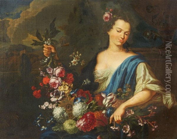 A Young Woman With A Garland (flora?) Oil Painting - Augustus (Snip) Terwesten