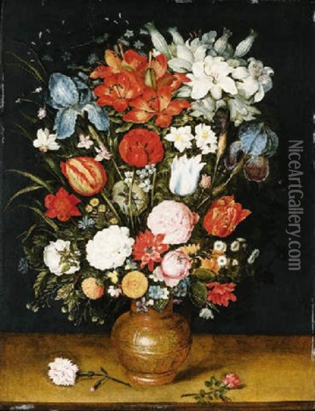 Lilies, Irises, Tulips, Carnations, Roses And Other Flowers In A Vase, With A Dragonfly, A Grasshopper And A Bee, On A Ledge Oil Painting - Jan Brueghel the Elder