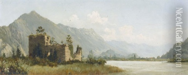 Sonnige Flusspartie Mit Burgruine Und Bergkette Oil Painting - Charles Edouard du Bois