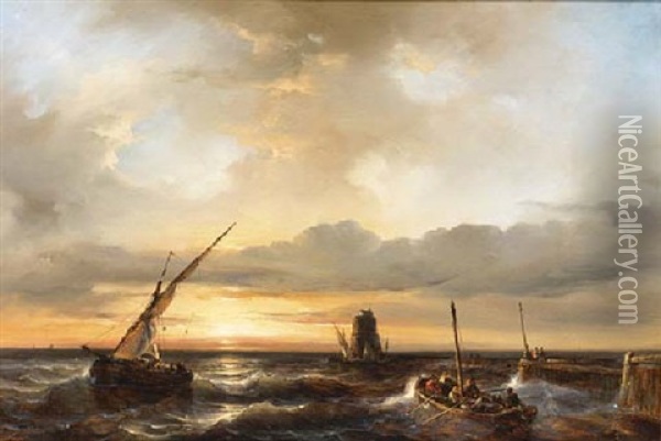 Shipping Near The Coast Off A Jetty Oil Painting - Johan Hendrik Meyer