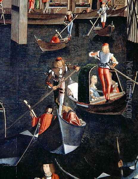 Gondoliers on the Grand Canal, detail from The Miracle of the Relic of the True Cross on the Rialto Bridge, 1494 Oil Painting - Vittore Carpaccio