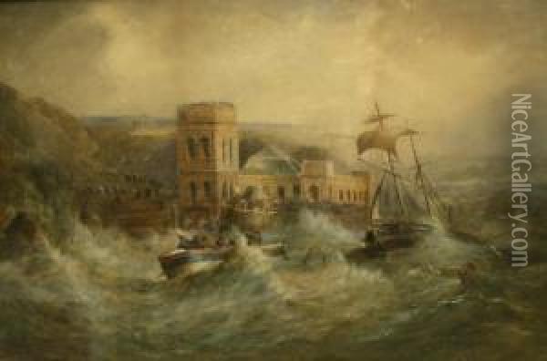 The Great Storm Scarborough With The Lifeboat Off The Spa Oil Painting - Frederick William Booty