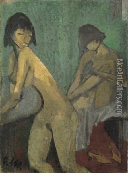 Zwei Madchen (zwei Madchenakte In Dreiviertelfigur) Oil Painting - Otto Mueller