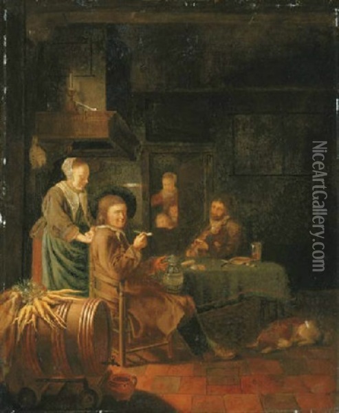 Figures In A Cottage Interior Oil Painting - Pieter Cornelisz van Slingeland