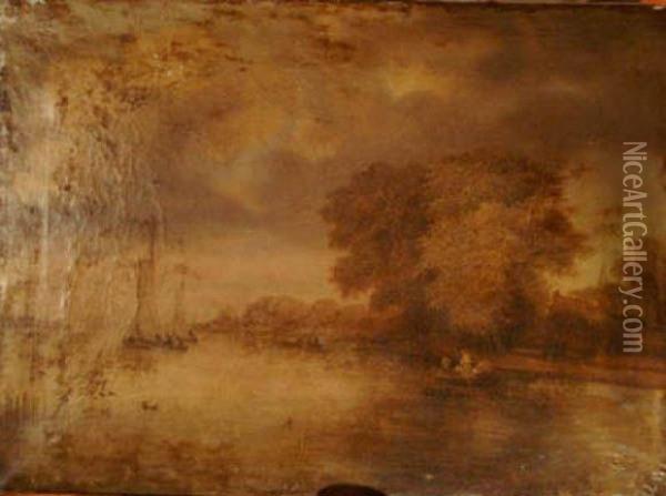 Boats Andpeasants On A Calm River Landscape Oil Painting - Jan van Goyen