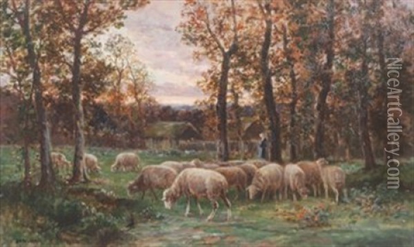 Sheep At Dusk Oil Painting - Raymond Desvarreux