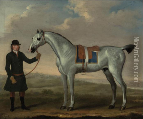 A Dapple Grey With A Groom Oil Painting - James Seymour