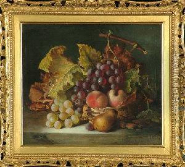 A Still-life Study Of Grapes, Plums And A Pear In A Wicker Basket Oil Painting - Mrs. Frederick North