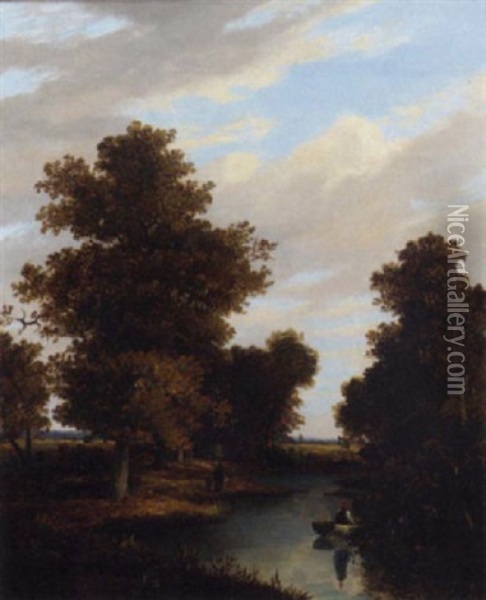 Figures In A Wooded River Landscape Oil Painting - Joseph Paul