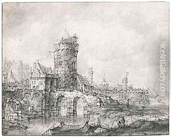 View Of The Fortified Gate And Walls Of A Riverside Town Oil Painting - Jan Abrahamsz. Beerstraten