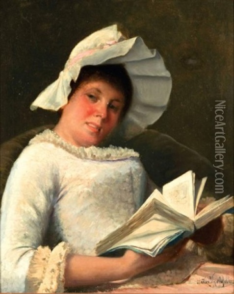 Jeune Femme A La Coiffe Blanche Lisant Oil Painting - Henri Van Melle
