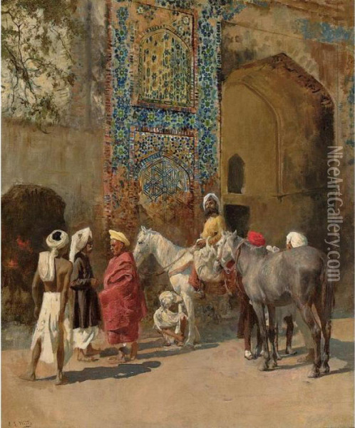 Blue-tiled Mosque At Delhi, India Oil Painting - Edwin Lord Weeks