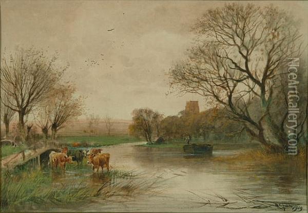 Cattle Watering In The Thames With Punt And Church Beyond Oil Painting - Henry Charles Fox