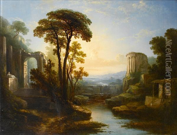 An Extensive Italianate Landscape With The Temple Of Vesta Beside A Waterfall Oil Painting - Claude Lorrain (Gellee)