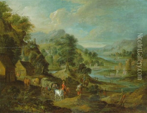 Travellers In Rocky River Landscapes Oil Painting - Adriaen Frans Boudewyns the Elder