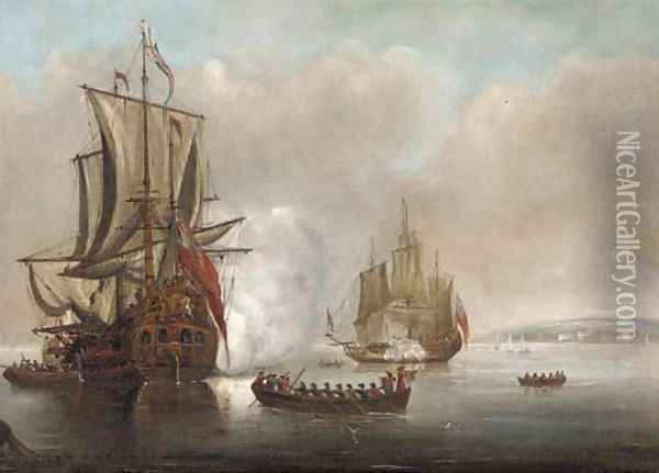 The flagship arriving with a frigate saluting off to starboard Oil Painting - Peter Monamy