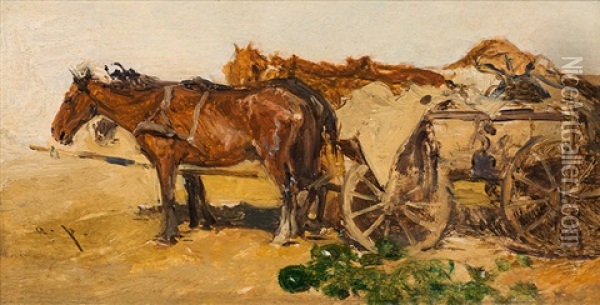 Ungarisches Pferdefuhrwerk Am Markt Oil Painting - August Xaver Carl von Pettenkofen