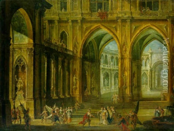 Cappricio Of Gothic Palace Oil Painting - Francesco Battaglioli