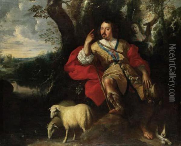 Pastoral Portrait Of A Gentleman
 As A Shepherd, With A Young Womanplaying A Lute, A Dog And Sheep, In A 
Landscape Oil Painting - Jan Thomas Van Yperen