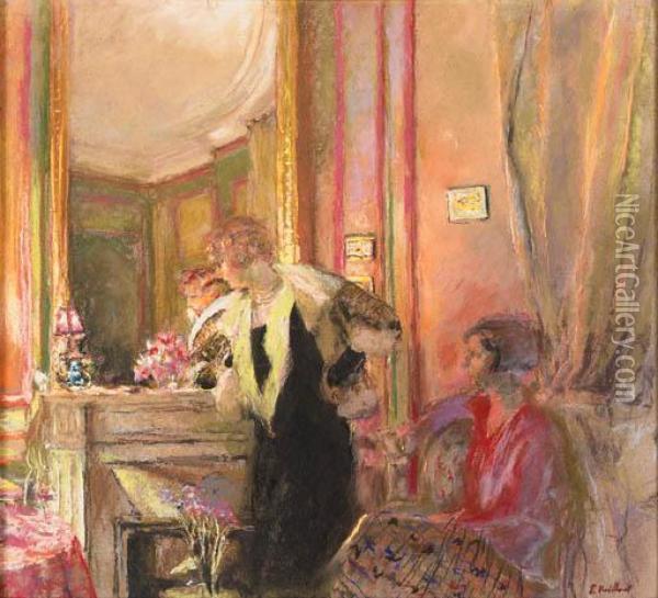 Gabrielle Jonas Et Sa Fille Irene Montanet Devant La Chemine Oil Painting - Jean-Edouard Vuillard