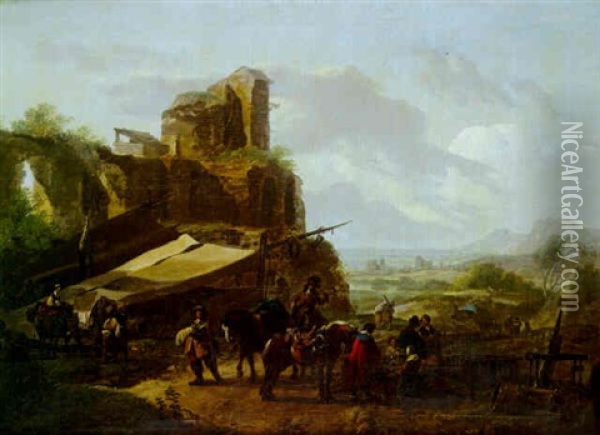 Halte De Cavaliers Aux Abords D'une Forteresse En Ruine Oil Painting - Claude Michel Hamon Duplessis