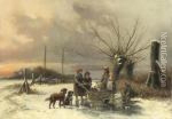 Children Gathering Firewood On The Ice Oil Painting - Johan Gerard Smits