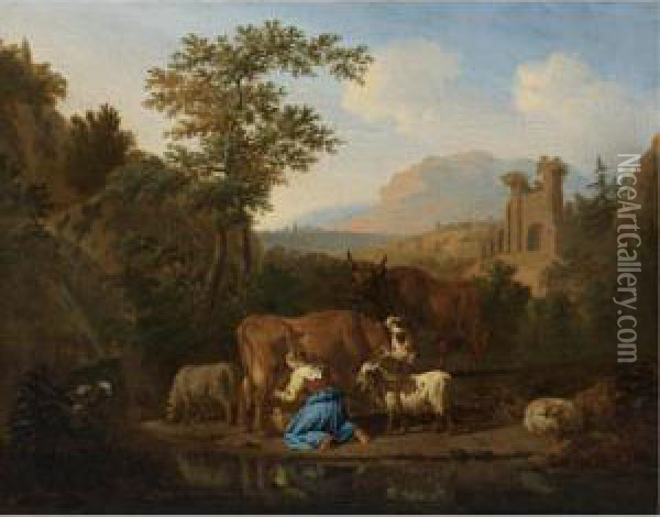 An Arcadian Mountainous 
Landscape With A Milkmaid At The Edge Of A Stream Milking A Brown Cow, 
Sheep And Goats Grazing Nearby Oil Painting - Adrian Van De Velde