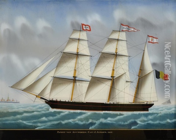The Packet Ship Van Antwerpen Arriving Off Antwerp Inscribed Along The Bottom 