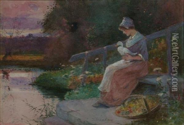 A Young Lady Seated Holding A Duck Beside A Riverbank Oil Painting - James Mackay
