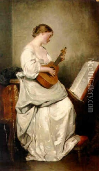 A Woman Playing A Guitar Oil Painting - Charles Joshua Chaplin