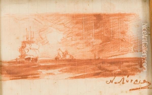 Double Sided Drawing, Recto Sailing Boats; Verso Shepherd Resting Oil Painting - Nikoforos Lytras