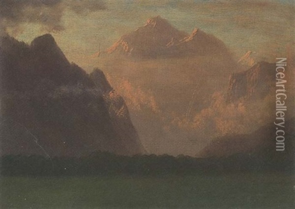 Mountain Sunset Oil Painting - Albert Bierstadt
