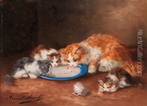 Mother Cat With Three Kittens Oil Painting - Alfred Arthur Brunel de Neuville