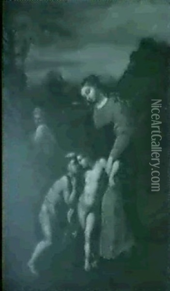 Holy Family With John The Baptist In A Landscape Oil Painting - Bernardino Luini