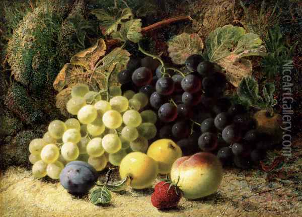 Grapes, Apples, A Plum, A Peach And A Strawberry, On A Mossy Bank Oil Painting - Oliver Clare