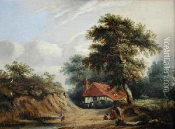 A Gypsy Family With A Fisherman Fishing Outside A Cottage Oil Painting - Samuel David Colkett