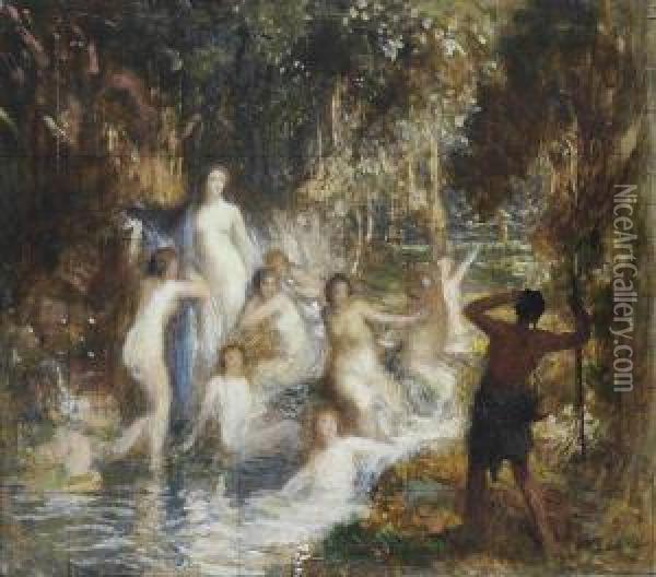 Allegorical Figures In A Stream Oil Painting - George Spencer Watson