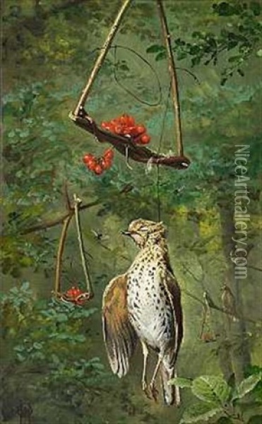 Fugl I En Baerfaelde Oil Painting - Olaf August Hermansen