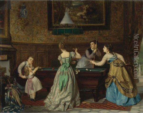 Ladies Playing Billiards Oil Painting - Charles Edouard Boutibonne