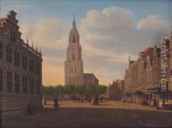 Elegant Figures In A Square In Haarlem Oil Painting - Jan Ten Compe or Kompe